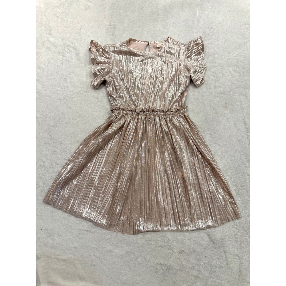 Crewcuts Girls Rose Gold Metallic Pleated Ruffle Dress Size 10 Holiday Party
